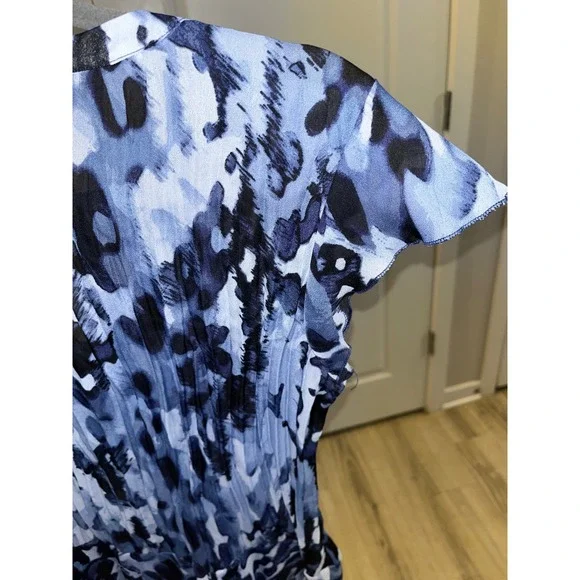 Allison Taylor Y2K Blue Black Abstract V-Neck Short Sleeve RetroBlouse Women's M - Picture 10 of 11